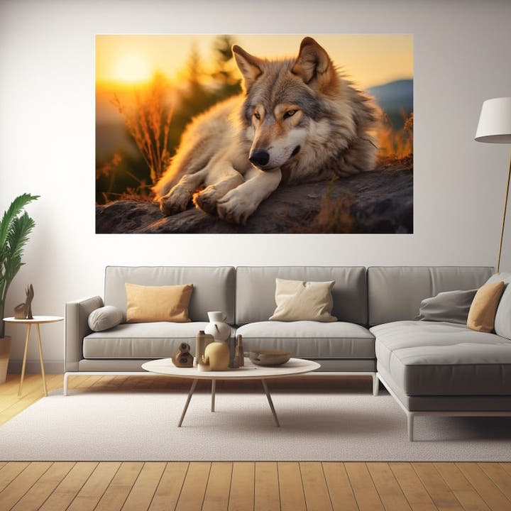Golden-hour photo of a wolf resting on a ridge with sunlight glowing through its fur