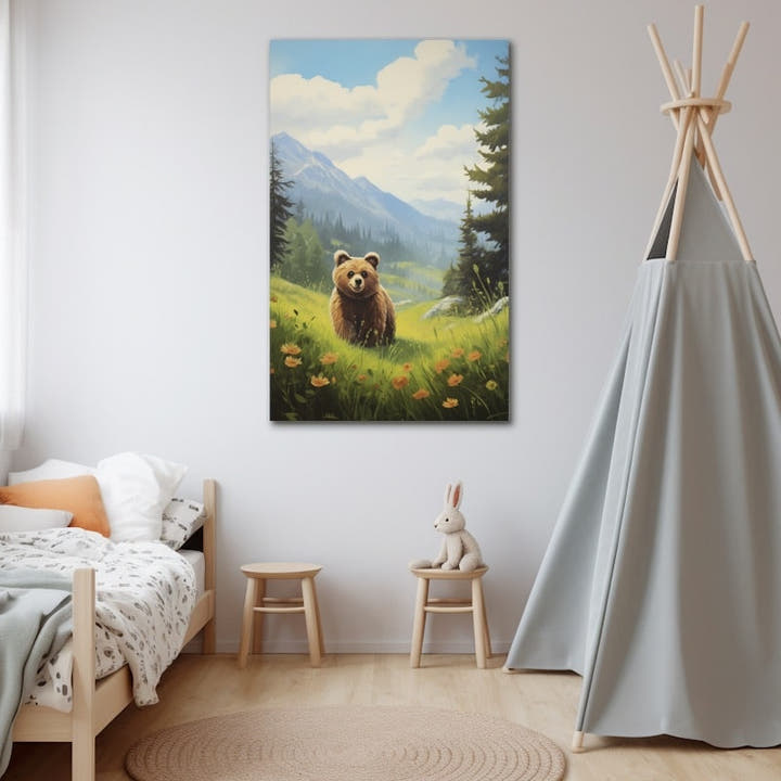 Painting of a brown bear cub in a flowering alpine meadow with mountains