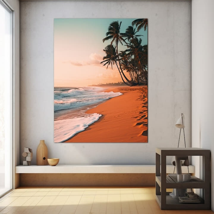 Vertical tropical beach with palm trees over coral sand at sunset