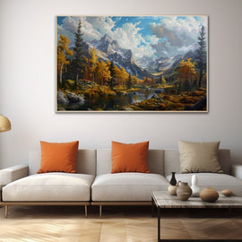 Autumn alpine valley landscape with golden forest, snow-dusted peaks and a mountain river