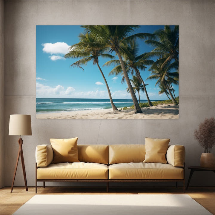 Coconut palms leaning over golden sand and turquoise sea under blue sky