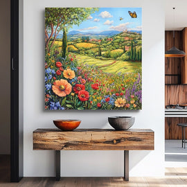 Mediterranean countryside with wildflowers, cypress hills and a butterfly