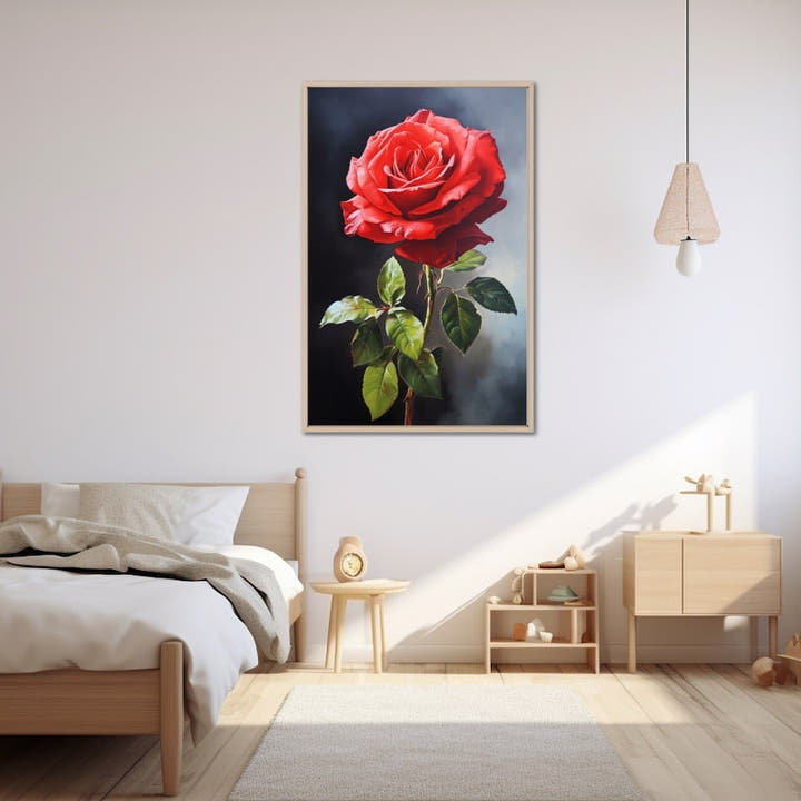 Single red rose with green leaves against a moody slate-blue background