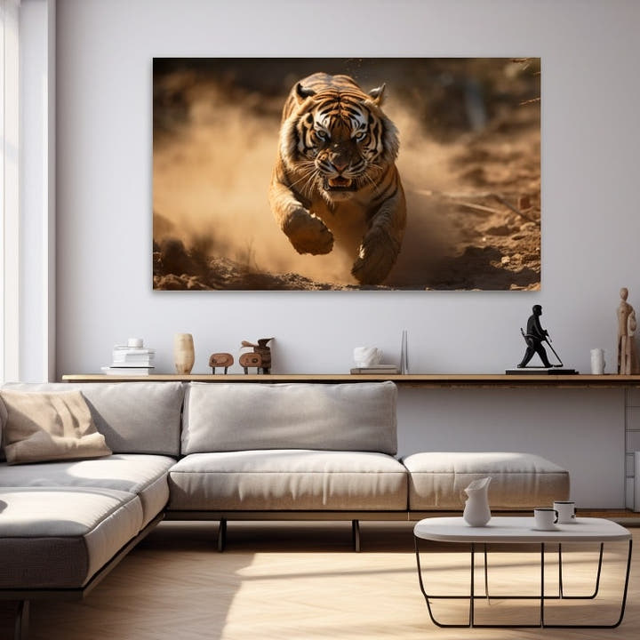 Painting of a tiger charging through golden dust toward the viewer