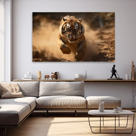 Painting of a tiger charging through golden dust toward the viewer