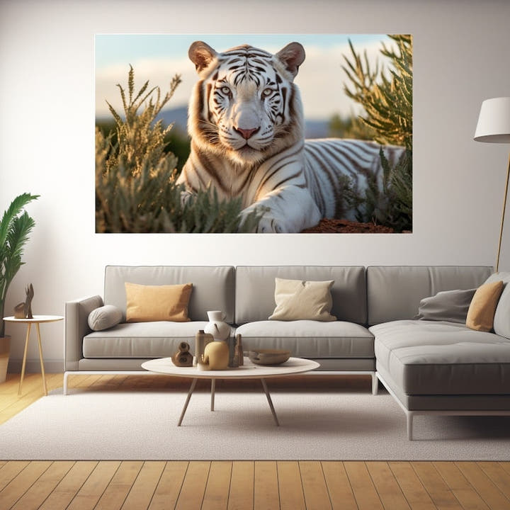 White tiger lying among silvery grasses, gazing calmly at the viewer