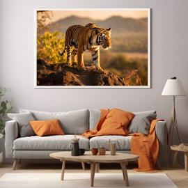 Tiger standing on a rocky ridge at golden hour