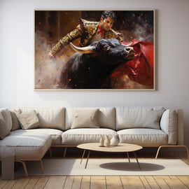 Matador in gold costume sweeping a red cape past a horned black bull