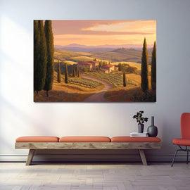 Tuscan countryside at golden hour with cypress trees and red-roofed farmhouses among vineyards