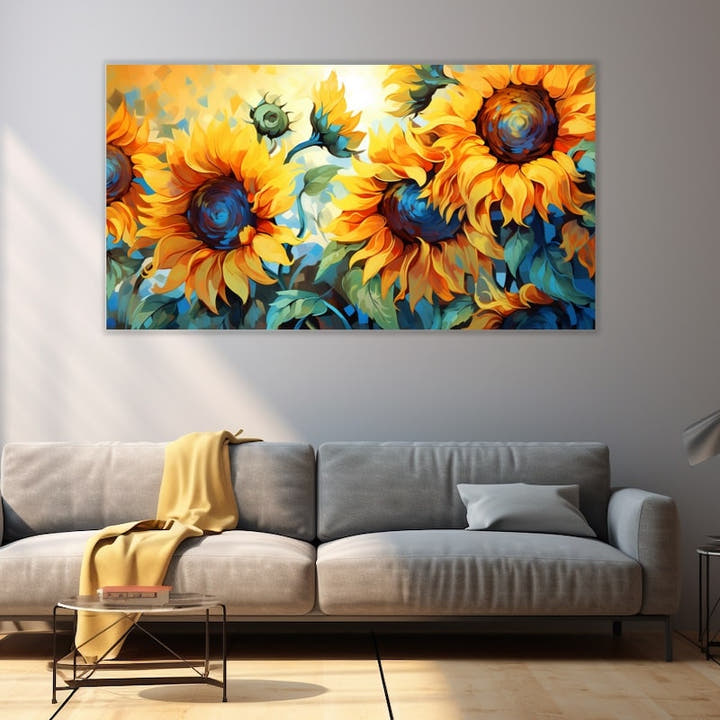Modern painting of bold sunflowers in marigold and indigo on a turquoise background