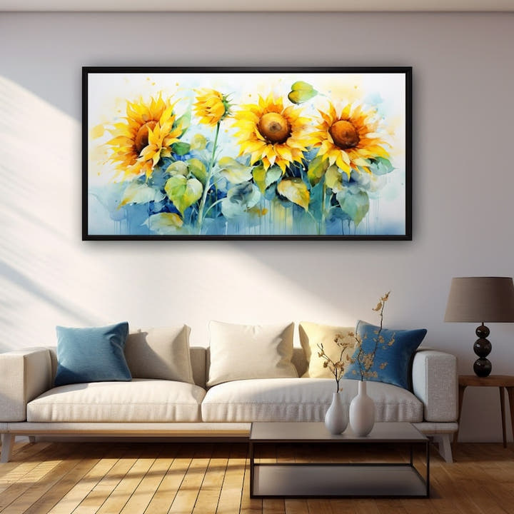 Watercolour row of golden sunflowers with soft blue-green leaves