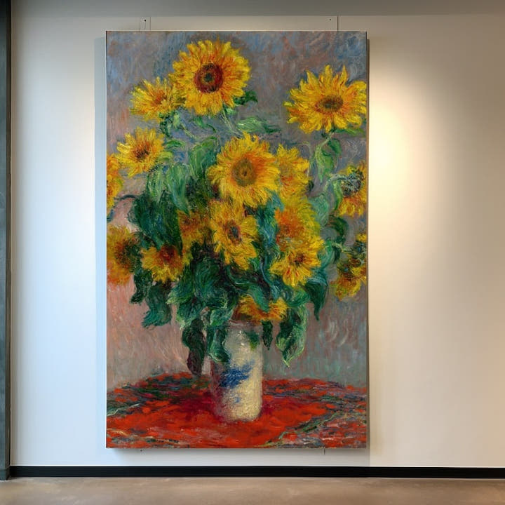 Monet still life painting of a sunflower bouquet in a vase