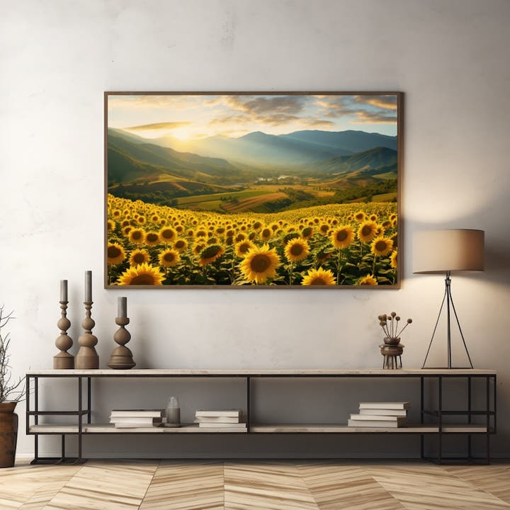 Sunflowers before a sunlit valley of fields and blue mountains at dawn