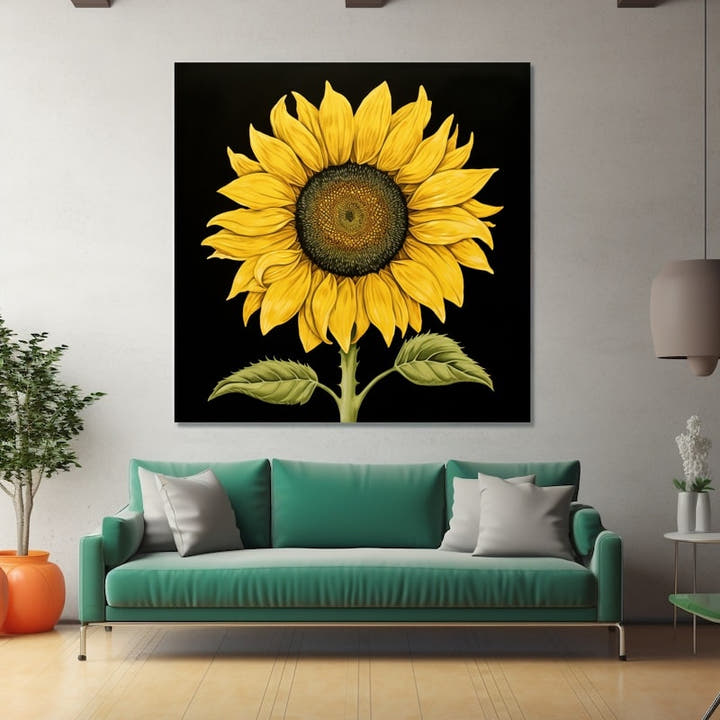 Single lemon-yellow sunflower with green leaves on a black background