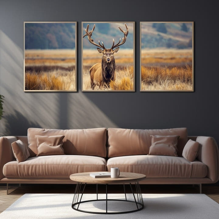Three-panel stag in golden autumn moorland grass