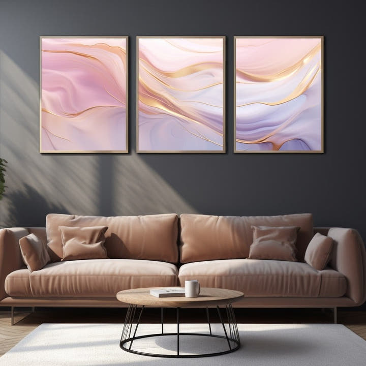 Large rose gold canvas, blush pink lilac and gold marbled triptych