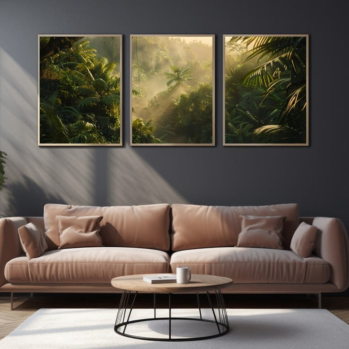 Three-panel rainforest triptych with golden light through ferns and palms