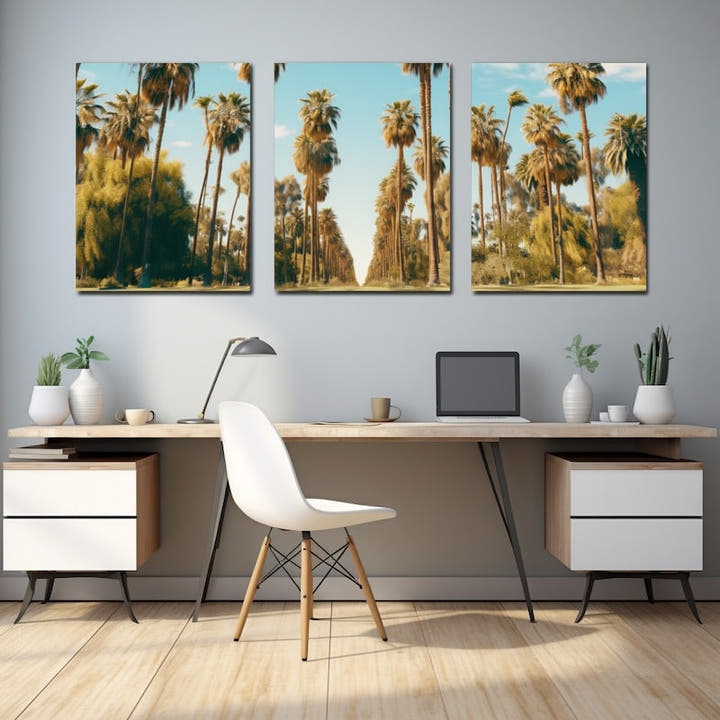 Triptych of a sunlit palm-lined avenue in vintage teal tones