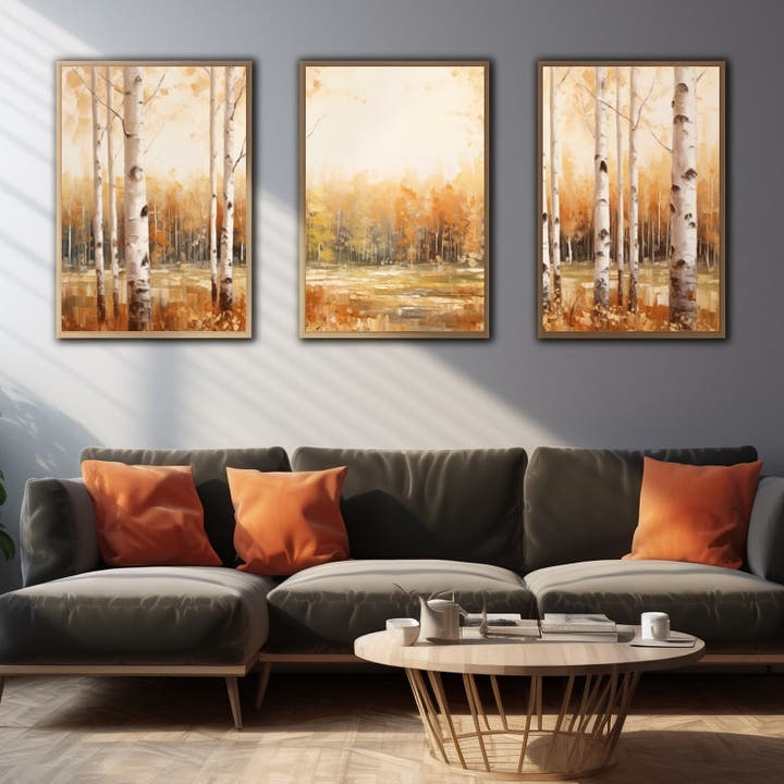 Three-panel birch wood painting in golden autumn light with white trunks and amber foliage