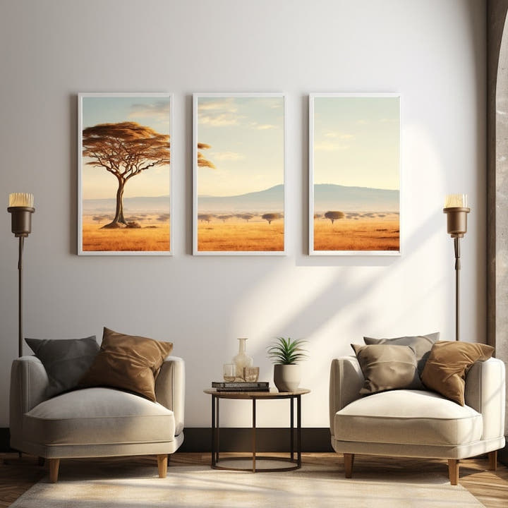 Three-panel savannah at dawn with acacia, grasses and distant mountain