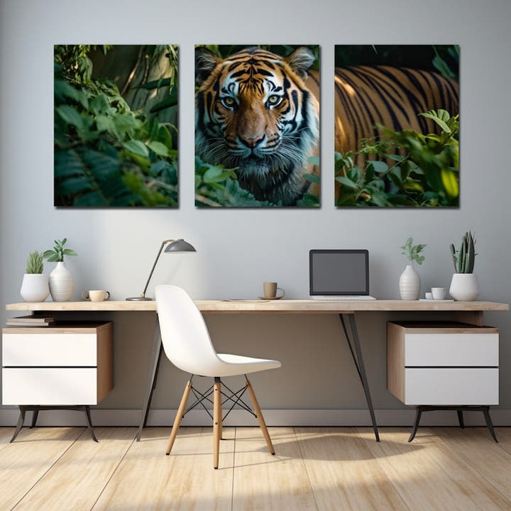 Three-panel tiger triptych with a striped portrait framed by green jungle foliage