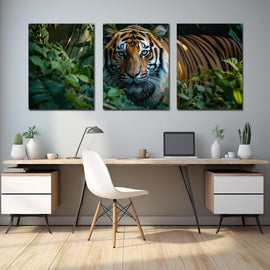 Three-panel tiger triptych with a striped portrait framed by green jungle foliage