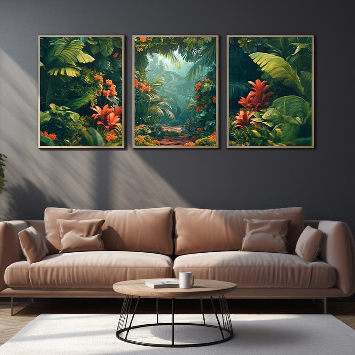 Three-panel tropical garden triptych with banana leaves, orange blooms and a sunlit jungle path