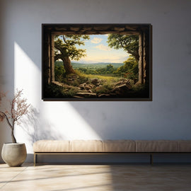 Painting of sunlit countryside seen through a stone wall opening