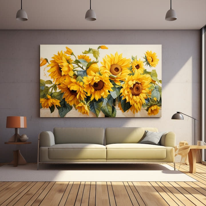 Cluster of golden sunflowers with amber centres and green leaves on ivory