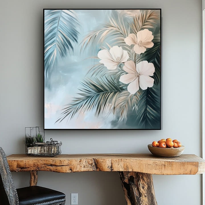 Jungle oil painting of ivory blossoms among teal palm fronds