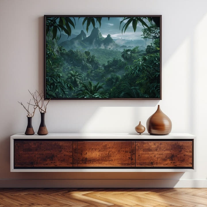 Jungle landscape painting of a misty tropical valley beneath volcanic peaks