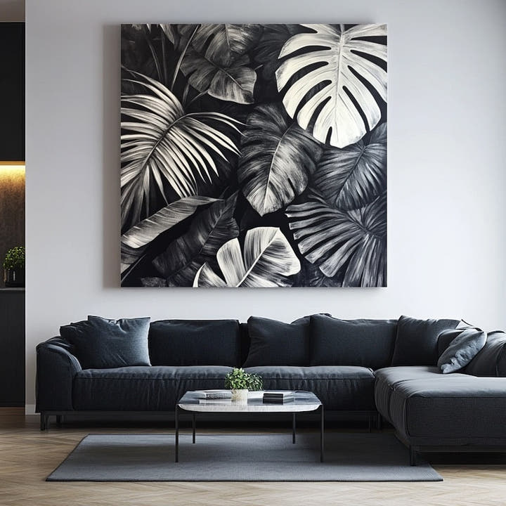 Bold monochrome close-up of monstera, banana and palm leaves in silver and black