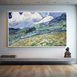 Van Gogh landscape painting of green hills, swirling clouds and distant blue mountains