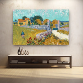 Van Gogh Provençal farmhouse with a figure crossing a poppy-dotted meadow
