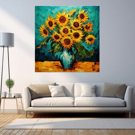 Impasto-style sunflowers in a blue jug against a turquoise background