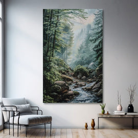 Misty evergreen forest with a stream over mossy rocks