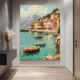Impressionist Mediterranean cove with pink houses and boats on turquoise water