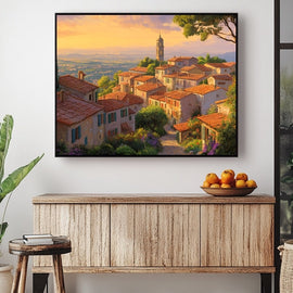 Golden hour painting of a hilltop village with terracotta roofs and a bell tower