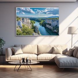 River canyon with emerald water between limestone cliffs under a blue sky