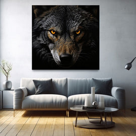 Close-up wolf face with glowing amber eyes against dark fur