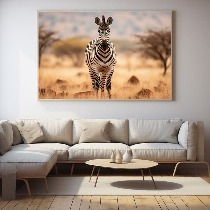 Zebra standing in golden savannah grassland at sunset