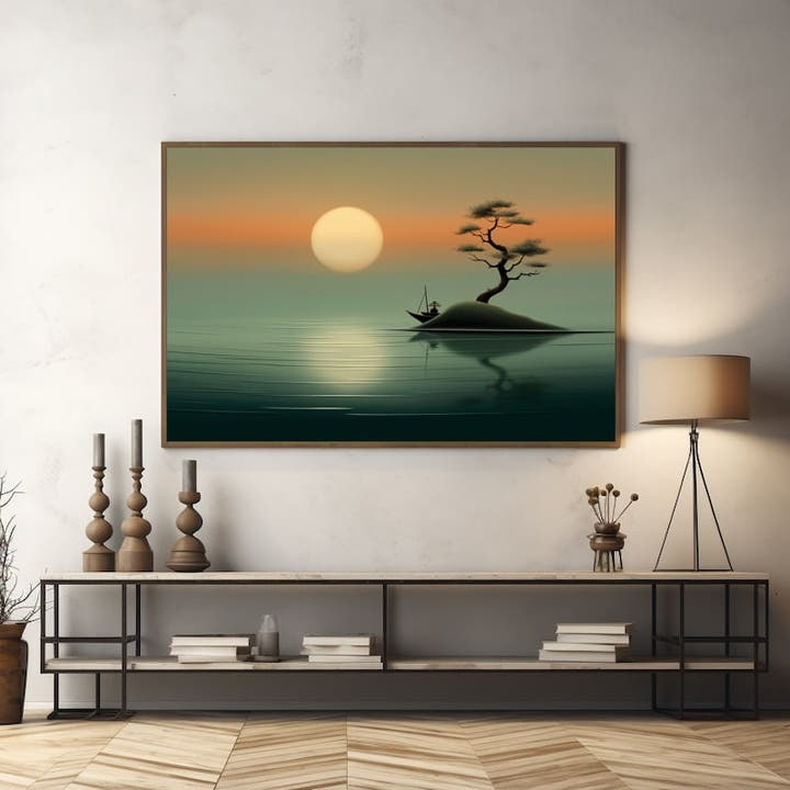 Minimalist Japanese seascape with a pale sun, still teal water, a lone pine island and a fishing boat