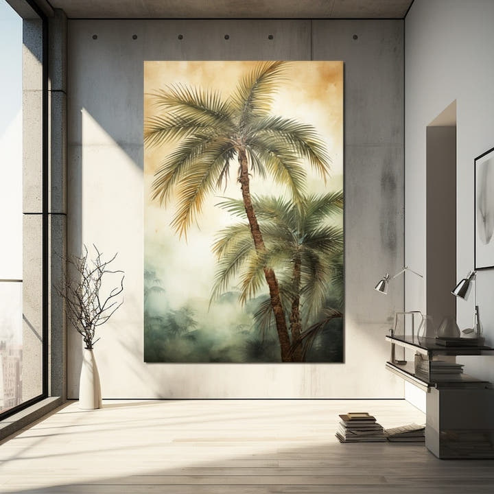 Abstract painting of tall palm trees in an amber and green haze
