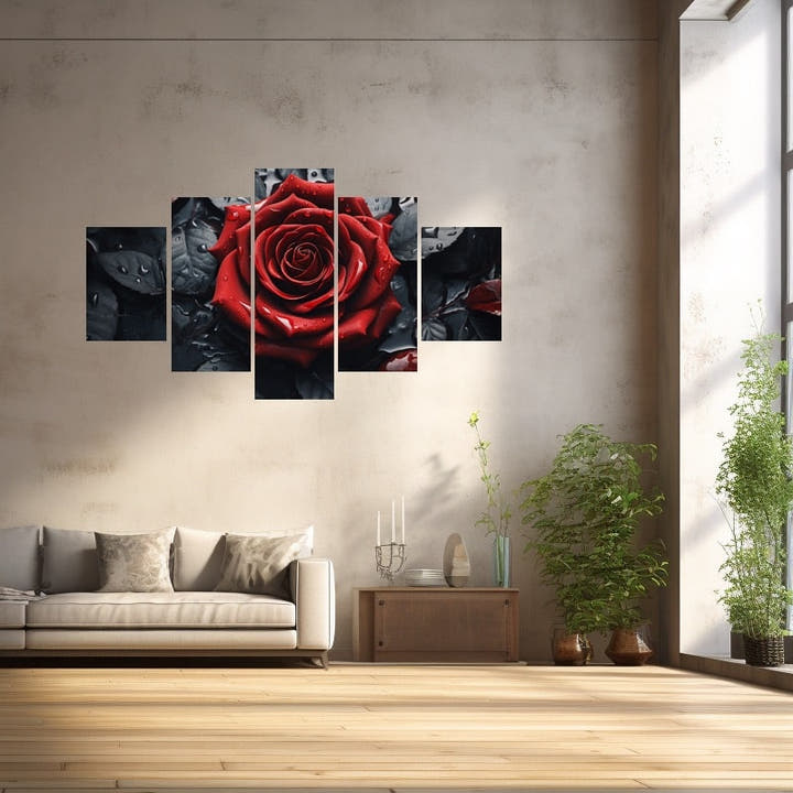 Large red rose canvas, dewy crimson rose with dark foliage across five panels