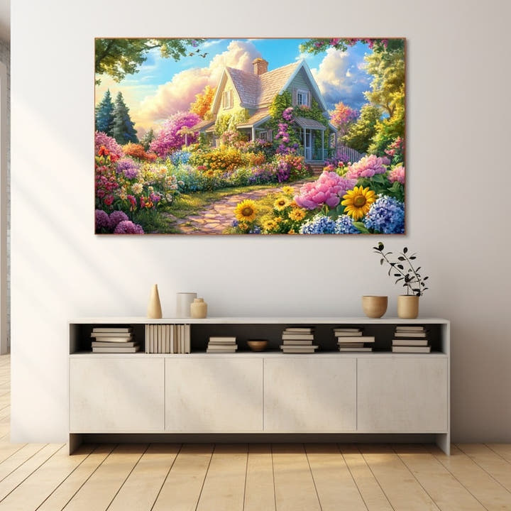 Cottage flower garden painting with sunflowers, peonies and hydrangea by a stone path