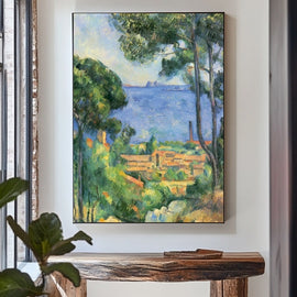 Post-Impressionist Mediterranean bay framed by pines with terracotta rooftops above blue water