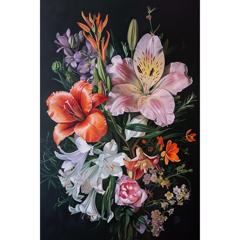 Flowers Black Background Oil Canvas