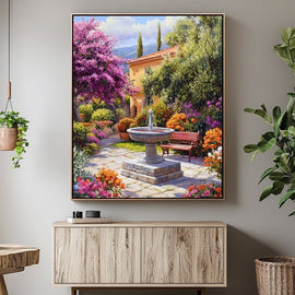 Mediterranean garden painting with stone fountain and bougainvillea