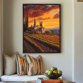 Painting of a Tuscan farmhouse and vineyards under an orange sunset