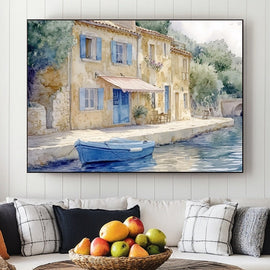 Watercolour Provence canal scene with ochre stone houses, blue shutters and a blue boat
